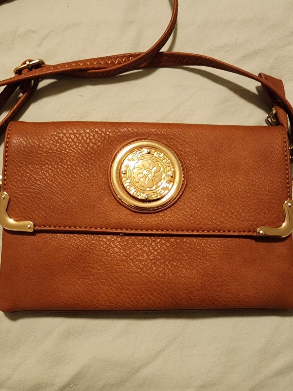 Brown Leather Crossbody & Wristlet, Gold Medallion Accent, designer inspired